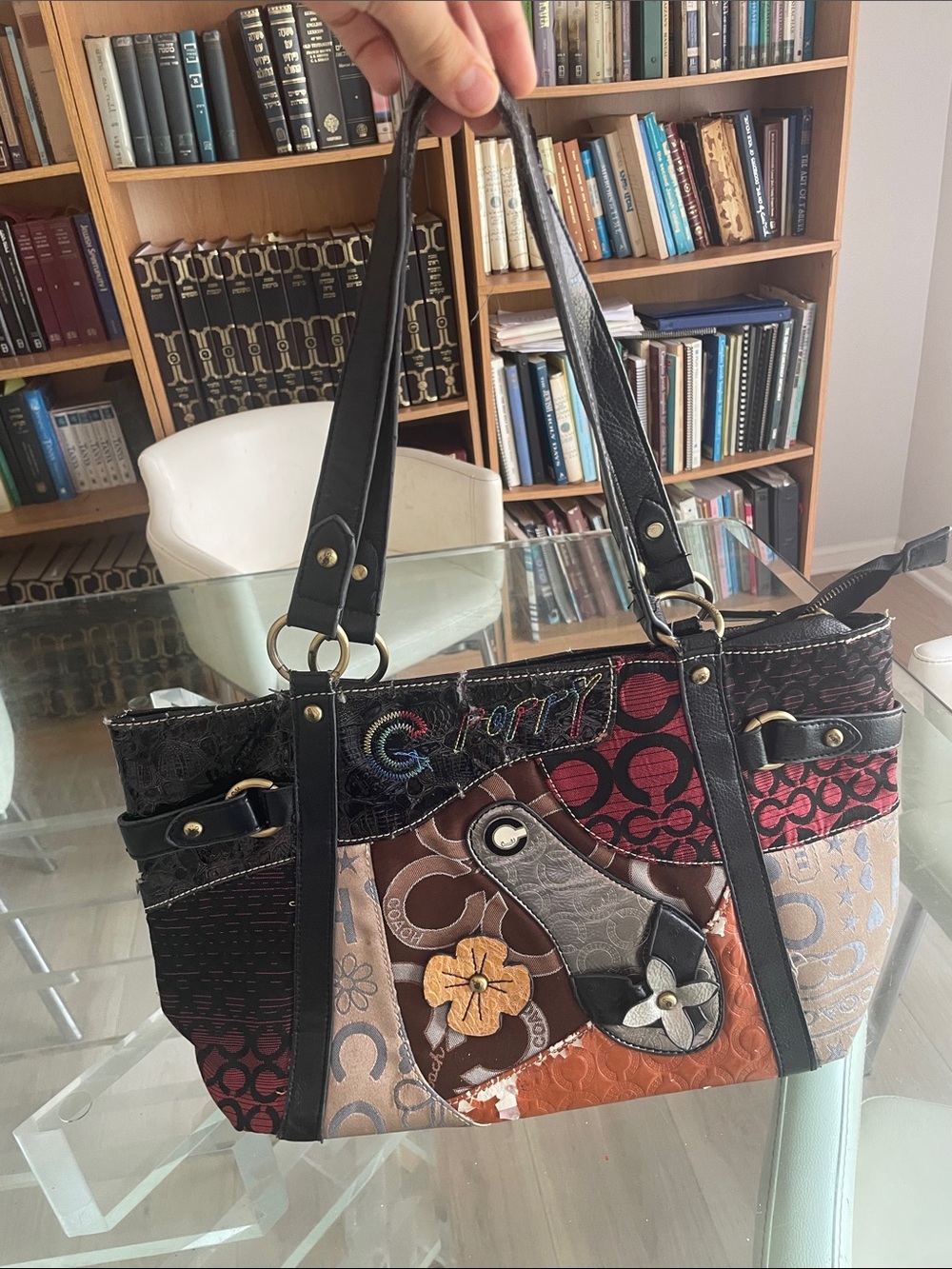 Patchwork Floral Accent Shoulder Bag in Black and Brown